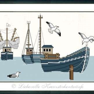 Boote am Hafen, blau - Stickpackung